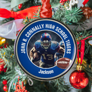 Ornamento De Metal Natal do jogador de futebol do Segundo grau azul