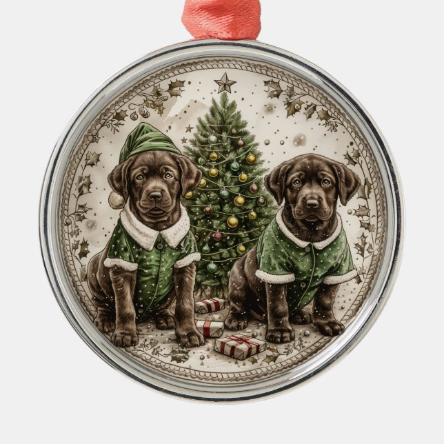 Ornamento De Metal Natal Elf Labrador Retriever Puppy (Frente)