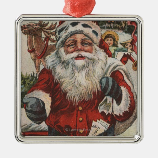 Ornamento De Metal Natal GreetingSanta com cervos e miúdos (Frente)