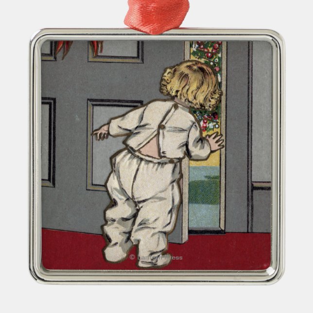 Ornamento De Metal Natal GreetingsKid que espreita para o papai noel (Frente)