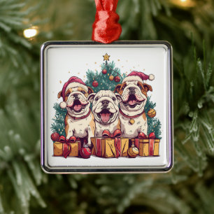 Ornamento De Metal Natal Inglês Buldogue Santa Hats
