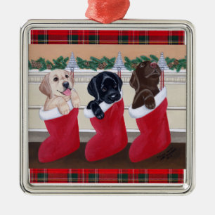 Ornamento De Metal Natal Labrador Puppies Tartan