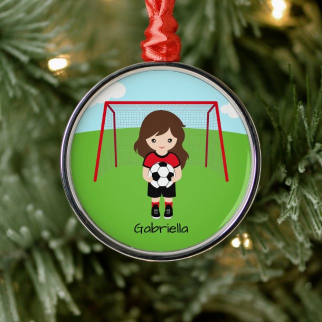 Ornamento De Metal Natal Personalizado para Garota de Futebol Castanh (Árvore)
