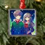 Ornamento De Metal Natal Personalizado Romântico do Casal de Animes<br><div class="desc">Hora de Natal com um casal de anime fofo com um fundo de pinheiro nevado.</div>