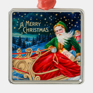 Ornamento De Metal Natal Vintage Verde Trenó do Papai Noel Noite Estr