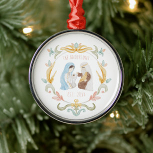 Ornamento De Metal Natividade Cristã de Aquarela Nosso Primeiro Natal