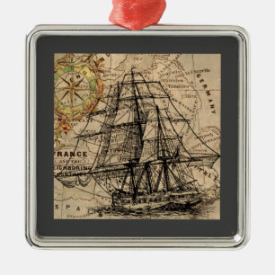 Ornamento De Metal Navio Antigo e Mapa
