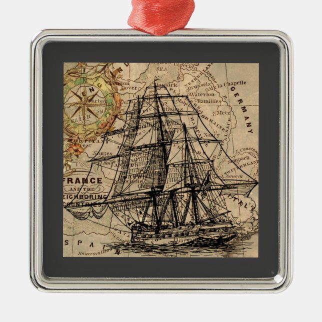 Ornamento De Metal Navio Antigo e Mapa (Frente)
