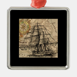 Ornamento De Metal Navio Antigo e Mapa