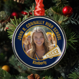 Ornamento De Metal Navy Blue Gold Cheerleader Photo Christmas