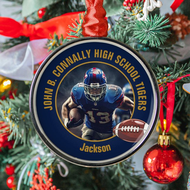 Ornamento De Metal Navy Blue Gold Football Player Photo Christmas (Criador carregado)
