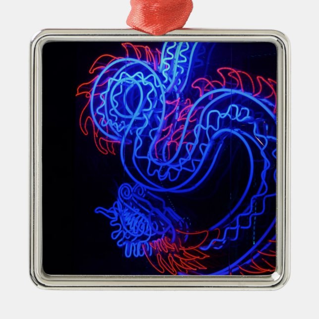 Ornamento De Metal Neon Blue Dragon Black Background Bright (Frente)