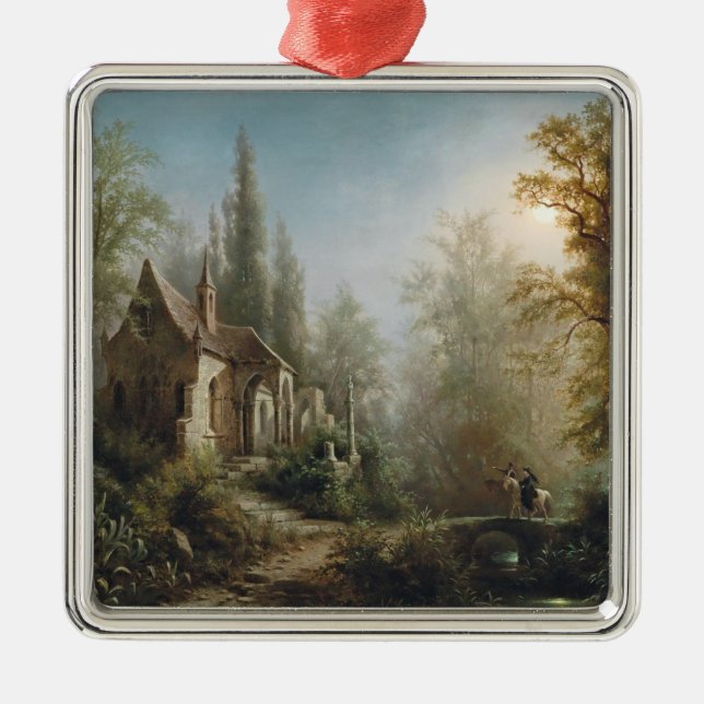 Ornamento De Metal Noite de Lua sobre Capela e Cavaleiros (Frente)