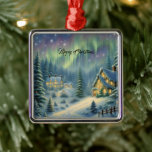 Ornamento De Metal Noite mágica de Natal na floresta sob estrelas<br><div class="desc">Este Ornamento apresenta uma floresta de inverno nevada à noite com estrelas e auroras no céu. As casas estão brilhantemente iluminadas. Belo decoro para sua Árvore de Natal e também uma bonito ideia de presente! Custom Text.</div>