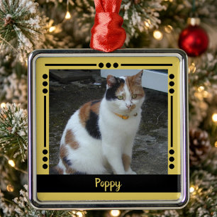 Ornamento De Metal Nome do gato de estimação Foto Feriado dourado pre