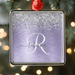 Ornamento De Metal  Nome do Monograma da Glitter de Prata Metálica Br<br><div class="desc">Personalize facilmente esse design de ornamento chic moderno com brilho bonito prateado brilhante em um fundo metálico roxo escovado.</div>