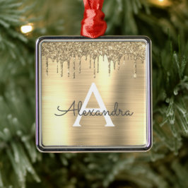 Ornamento De Metal Nome do Monograma Dourado Glitter Brugado Metal