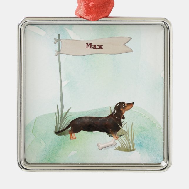 Ornamento De Metal Nome personalizado Black & Tan Dachshund Pet Dog (Frente)
