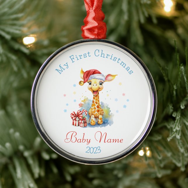 Ornamento De Metal Nome Personalizado do Primeiro Natal Baby Giraffe  (Criador carregado)