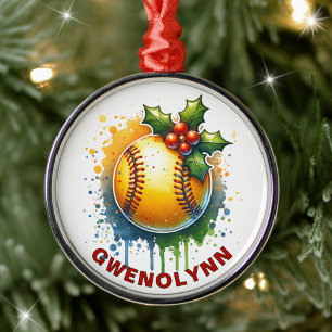 Ornamento De Metal Nome Personalizado do Softball de Natal
