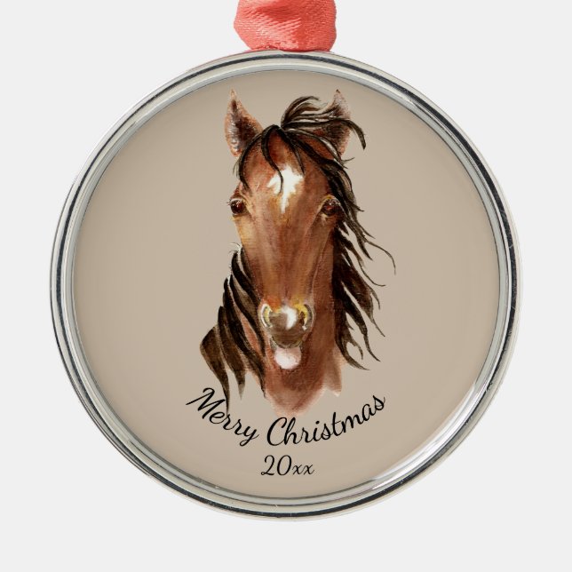 Ornamento De Metal Nome Personalizado, Monograma, Cavalo de Aquarela  (Frente)