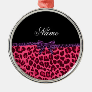 Ornamento De Metal Nome personalizado padrão rosa-leopardo arco roxo