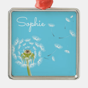 Ornamento De Metal Nome pessoal do Dandelion floral Sky Blue