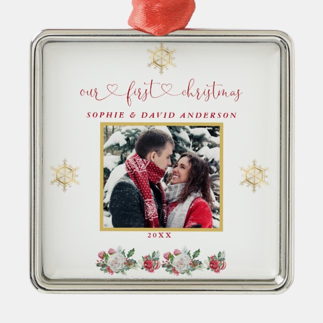 Ornamento De Metal Nosso Primeiro Casamento De Foto Floral Floco De N (Frente)