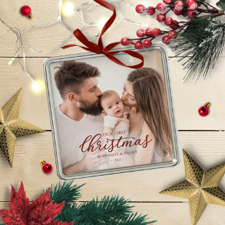 Ornamento De Metal Nosso Primeiro Natal como Mãe e Pai Foto de Bebê