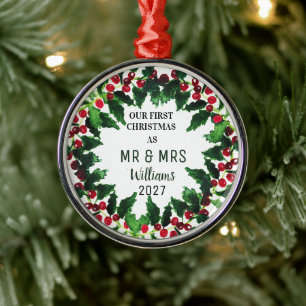 Ornamento De Metal Nosso Primeiro Natal como MR & MRS Wreath Rustic