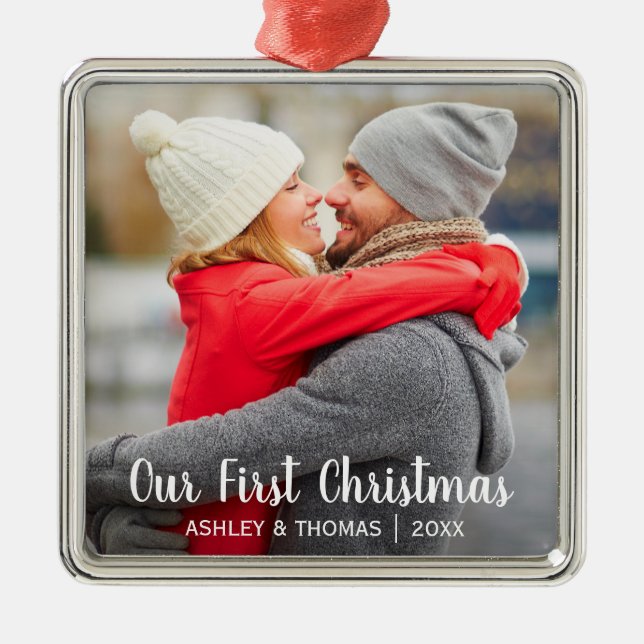 Ornamento De Metal Nosso quadrado moderno da primeira foto do casal (Frente)