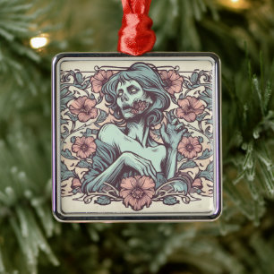 Ornamento De Metal Nouveau da Arte Zombie feminina com Flores Bonito