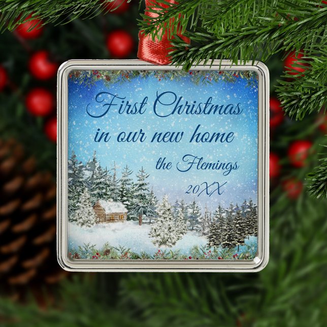 Ornamento De Metal Nova Cena de Aquarela de Natal em Casa (Criador carregado)