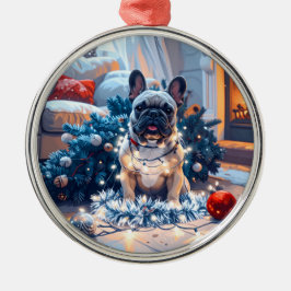 Ornamento De Metal O Bulldog Francês Tangido nas Luzes das Fadas no N