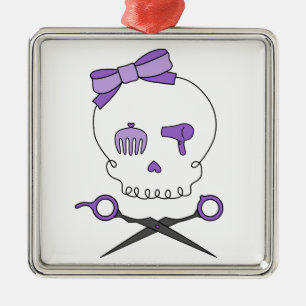 Ornamento De Metal O crânio do cabeleireiro & Scissor Crossbones -
