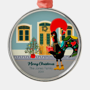 Ornamento De Metal O Galo Português com um presente de Natal