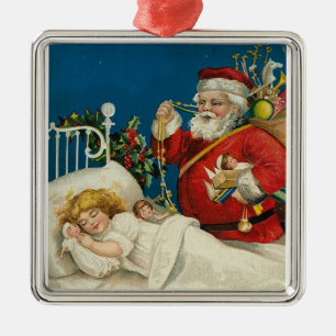 Ornamento De Metal O papai noel do vintage visita uma criança de son