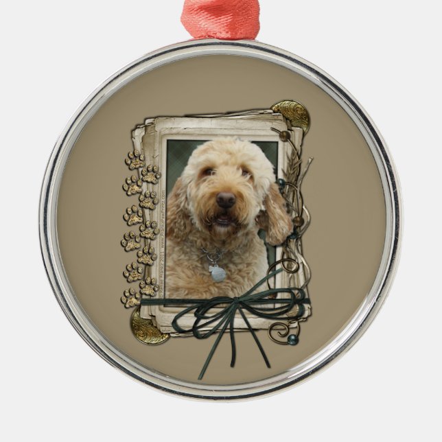 Ornamento De Metal Obrigado - as patas de pedra - GoldenDoodle (Frente)