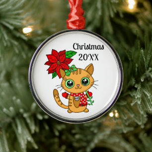 Ornamento De Metal Orange Cat Personalizado Segurando Poinsettia