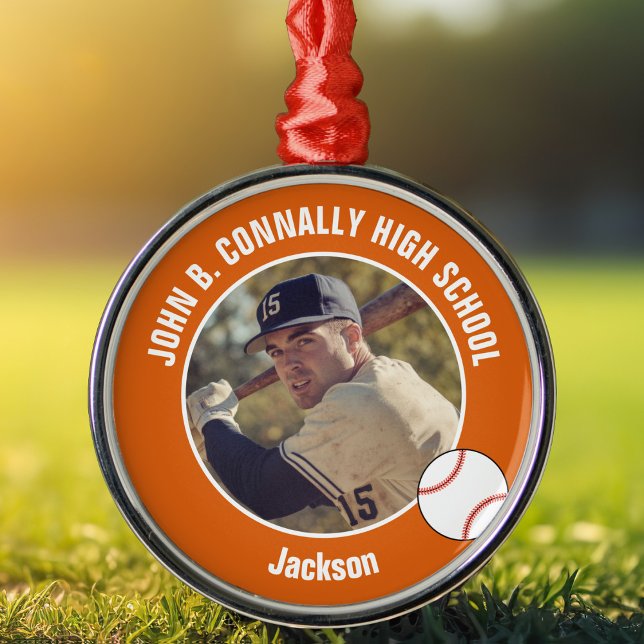 Ornamento De Metal Orange High School Baseball Player Photo Christmas (Criador carregado)