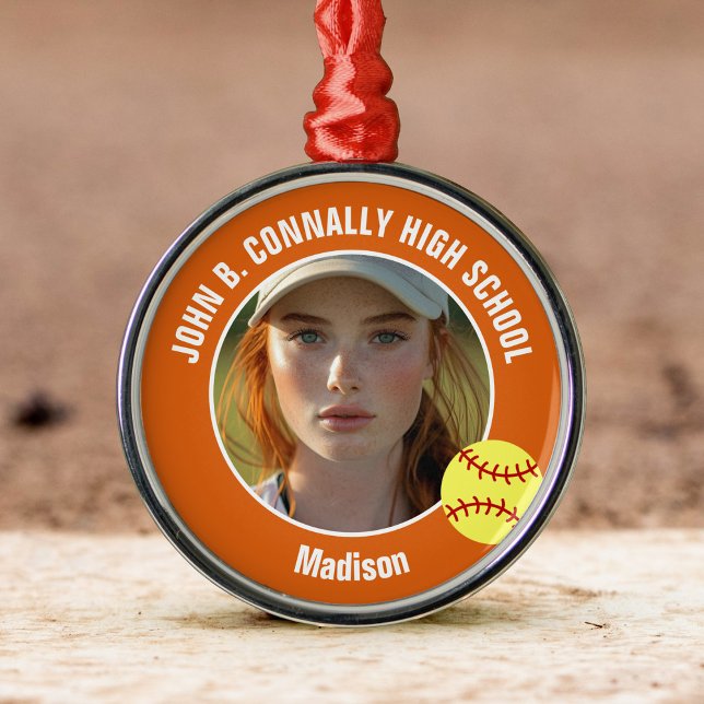 Ornamento De Metal Orange Softball Player Photo High School Christmas (Criador carregado)