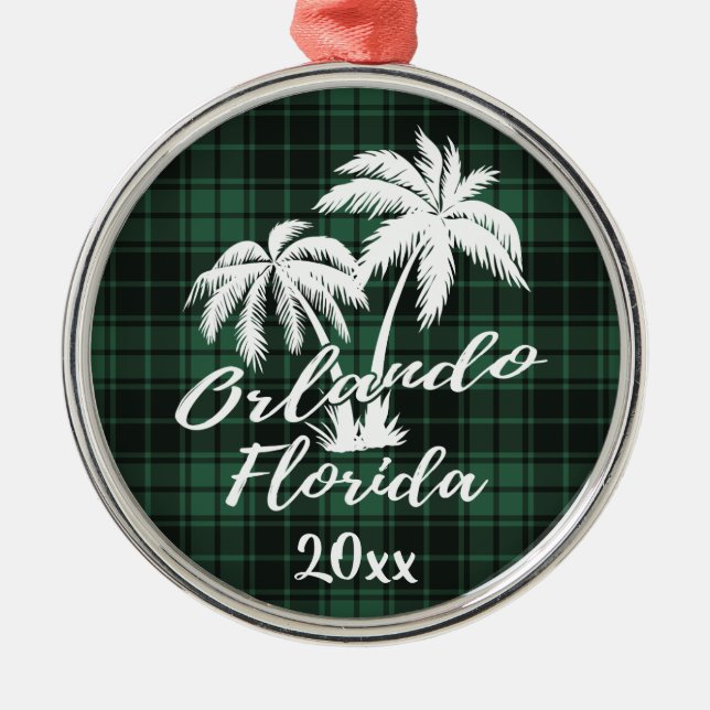 Ornamento De Metal Orlando Florida Palm Tree Green Xadrez (Frente)