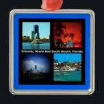 Ornamento De Metal Orlando, Miami, South Beach Collage<br><div class="desc">Orlando Miami South Beach Collage, se as áreas mais famosas de viagem da Flórida. Grande parte do estado da Flórida está situada numa península entre o Golfo do México, o Oceano Atlântico, e o Estreito da Flórida. A Flórida tem a costa mais longa dos Estados Unidos contíguos, abrangendo aproximadamente 1.350...</div>