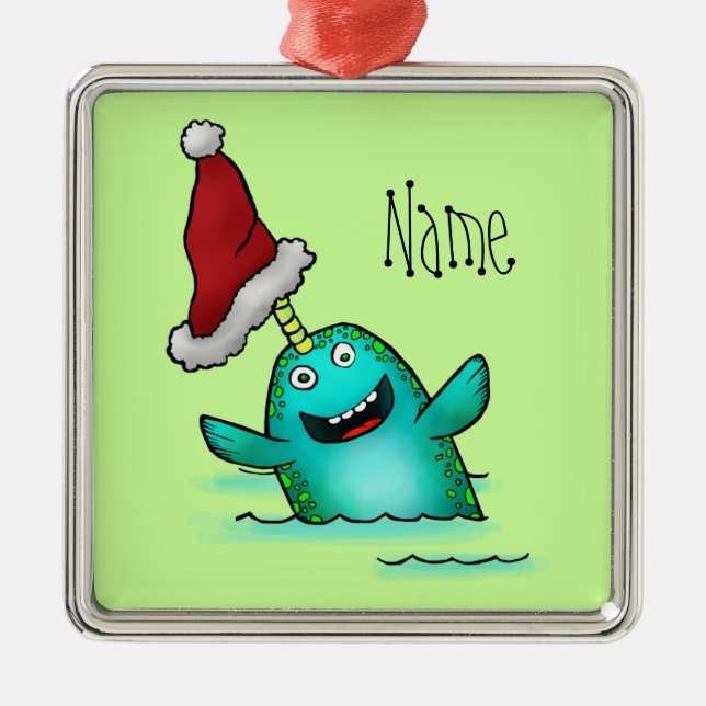Ornamento De Metal Ornamento, papai noel bonito de Narwhal do modelo (Frente)