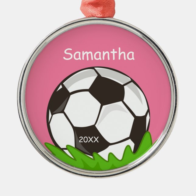 Ornamento De Metal Os miúdos personalizaram o rosa da bola de futebol (Frente)