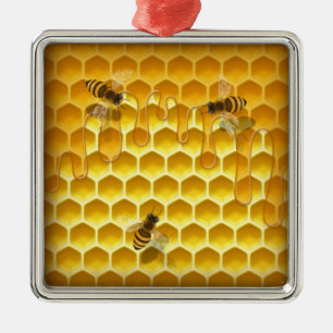 Ornamento De Metal Ouro Honeycomb com abelhas Personalizável
