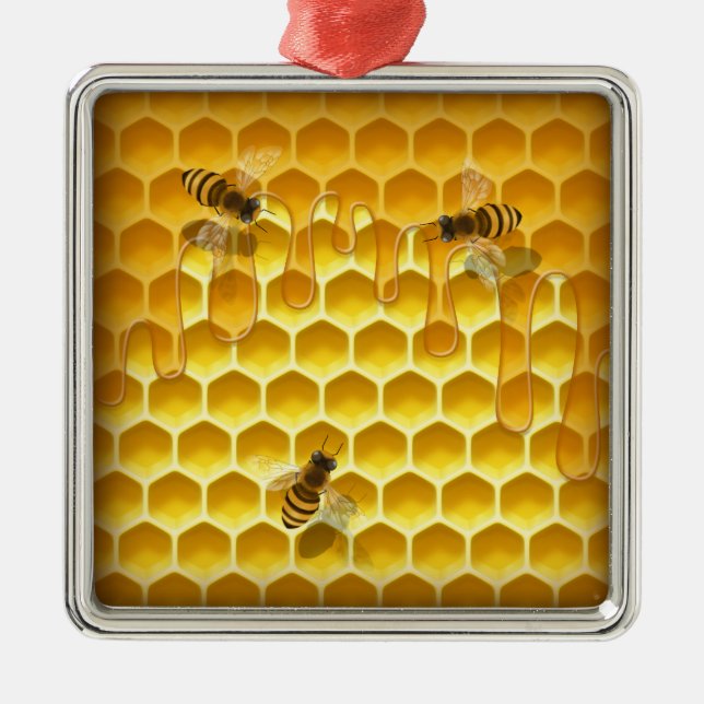 Ornamento De Metal Ouro Honeycomb com abelhas Personalizável (Frente)