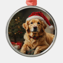 Ornamento De Metal Ouro Retriever Vestindo Santa Hat