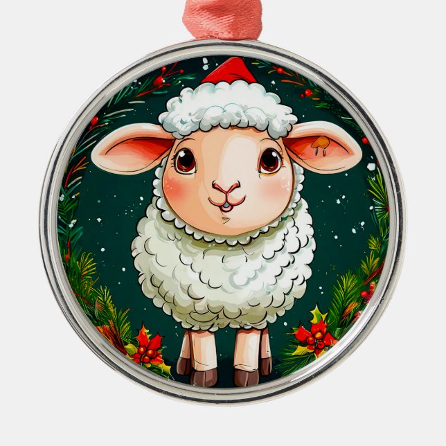Ornamento De Metal Ovelha de Natal de desenho animado (Frente)