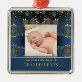 Ornamento De Metal Padrão Azul do Primeiro Natal Moderno